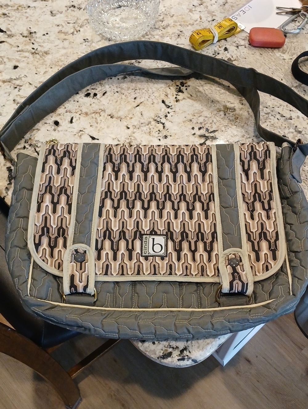 Quilted Gray and Beige Crossbody Messenger Bag